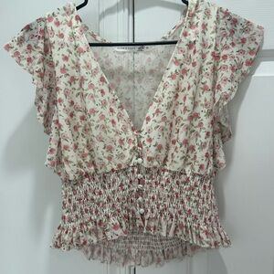 Altar'd State Cream Pink Floral V-Neck Smocked Peplum Blouse